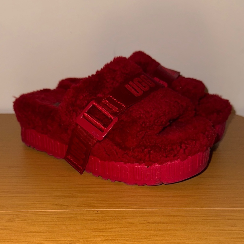 UGG Red Fluffy Platform Slide Sandals